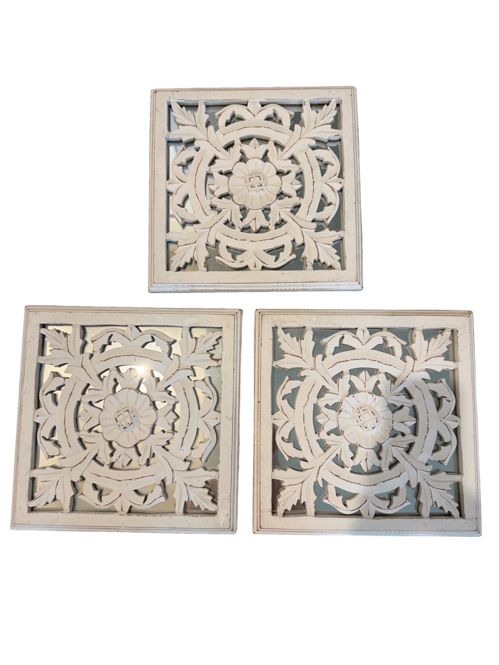 Decorative Carved Floral Rustic Boho Wall Plaques - White. Set of 3. Mirrored.